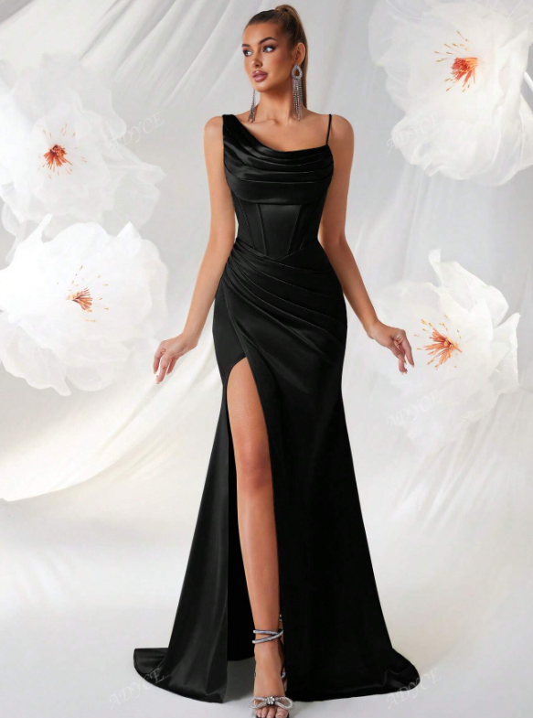 Asymmetrical Draped Neckline Party Dress Satin