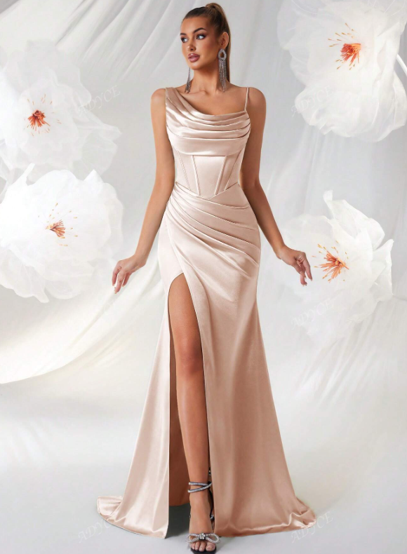 Asymmetrical Draped Neckline Party Dress Satin