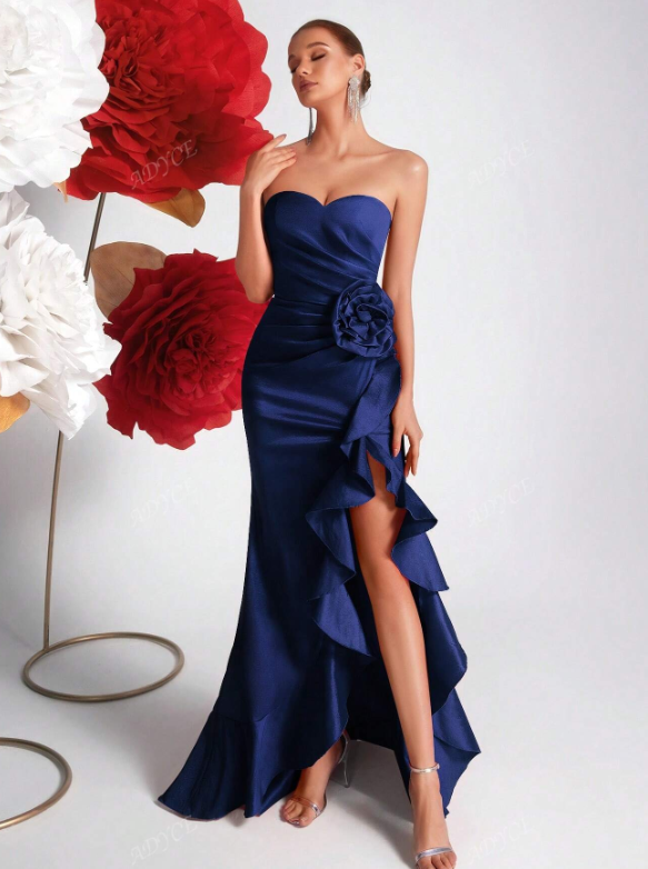 Tube Top Floral 3D Decor Asymmetric Ruffle Hem Party Dress