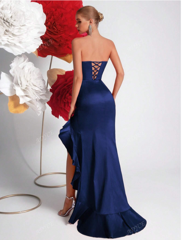 Tube Top Floral 3D Decor Asymmetric Ruffle Hem Party Dress