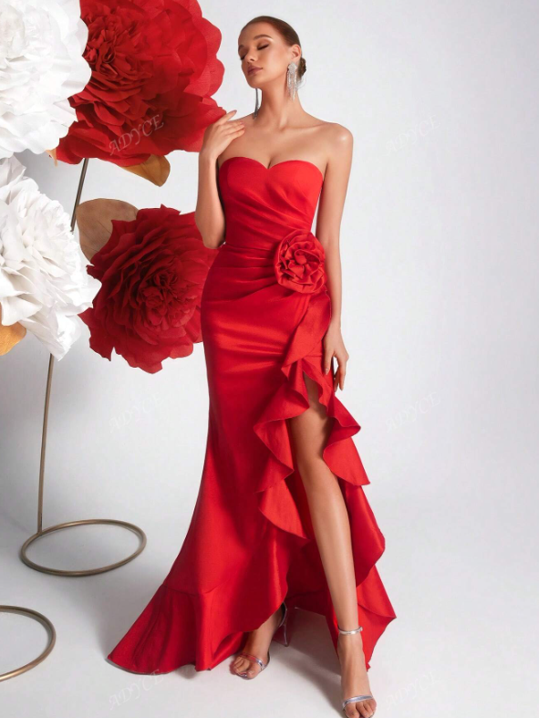 Tube Top Floral 3D Decor Asymmetric Ruffle Hem Party Dress