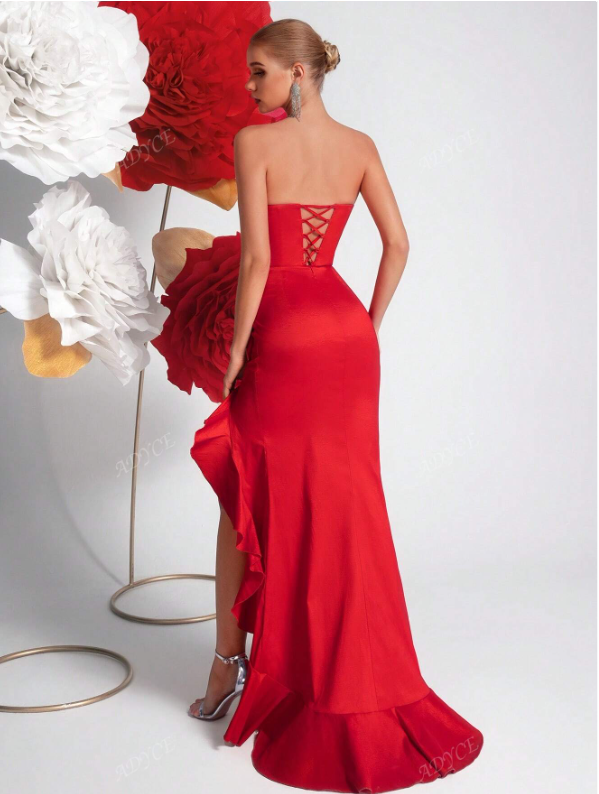 Tube Top Floral 3D Decor Asymmetric Ruffle Hem Party Dress