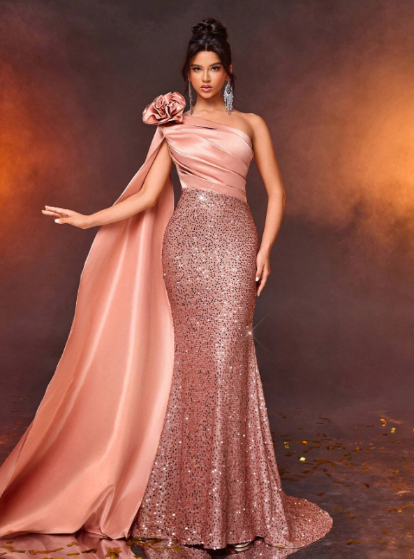 Shoulder Strap Long Sleeve Draped Sequin Patchwork Satin Prom Dress