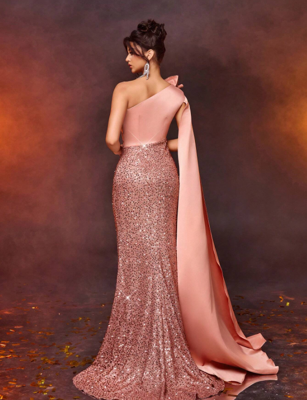 Shoulder Strap Long Sleeve Draped Sequin Patchwork Satin Prom Dress