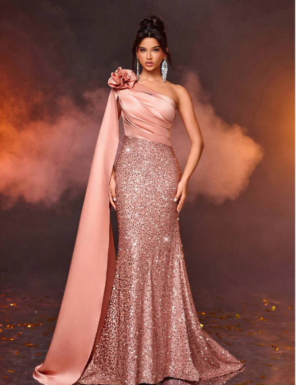 Shoulder Strap Long Sleeve Draped Sequin Patchwork Satin Prom Dress