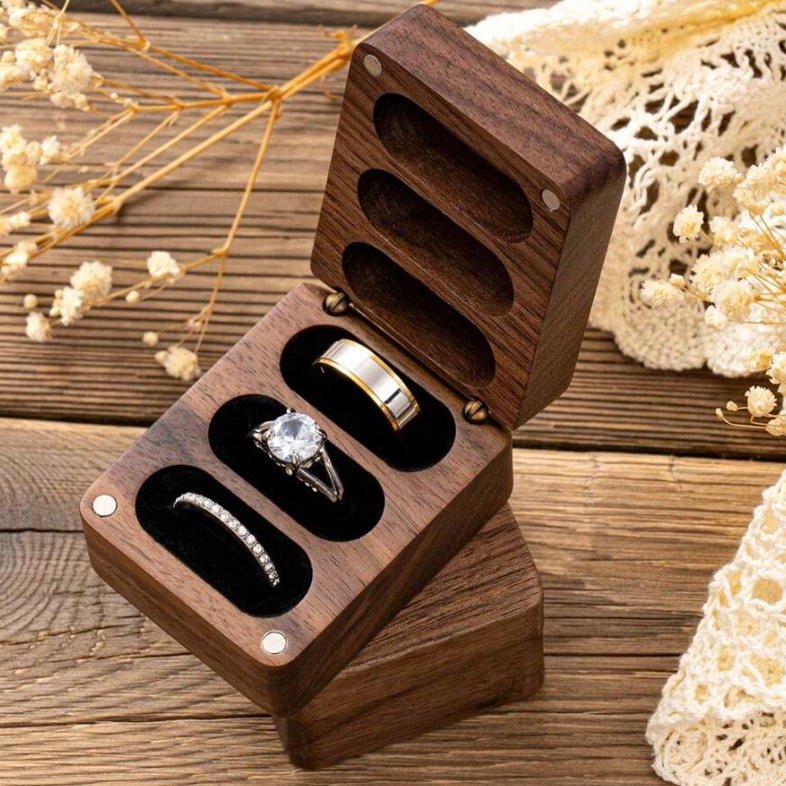 Personalized Wooden Wedding Engagement Ring Box 3 Slot