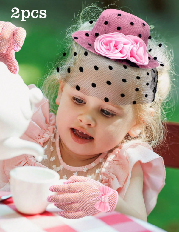 2pc Set Children's Lace Bow Gloves Set