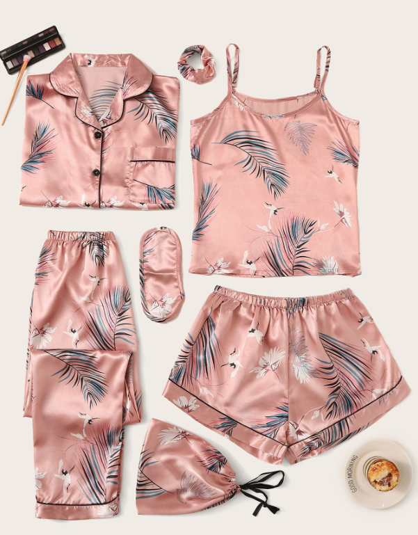 7pcs Crane & Tropical Print Satin Pajama Set