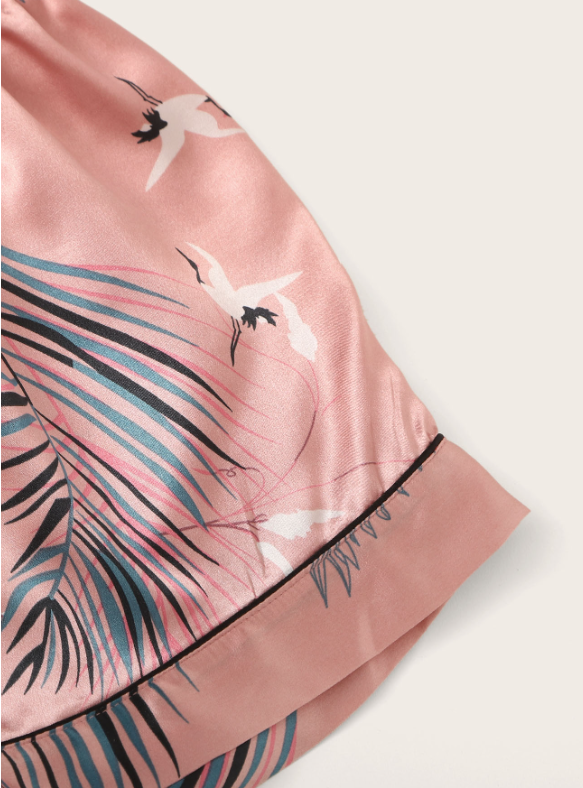 7pcs Crane & Tropical Print Satin Pajama Set