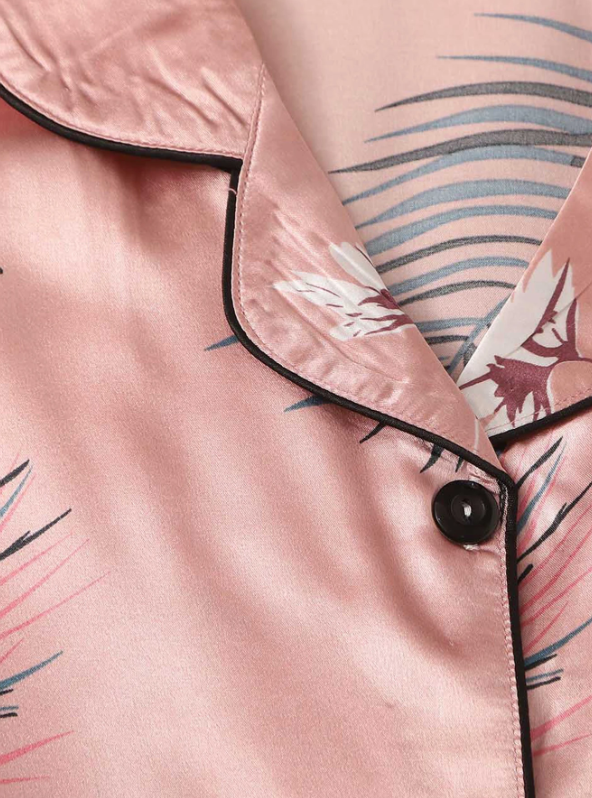 7pcs Crane & Tropical Print Satin Pajama Set