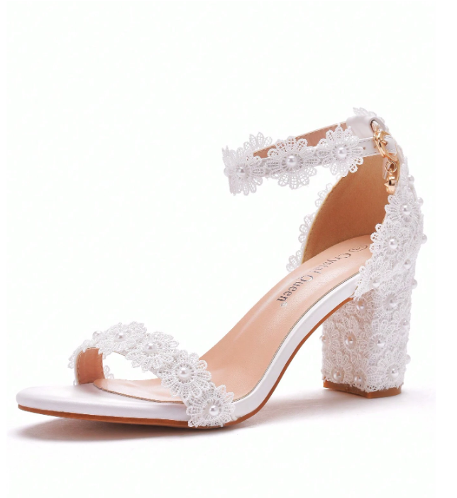 7cm White Lace Flower Block Heel Sandals