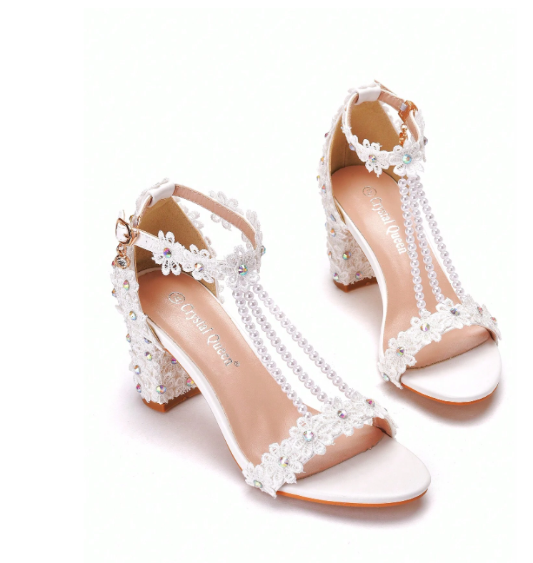 7cm Thick Heel White Lace Flower Sandal