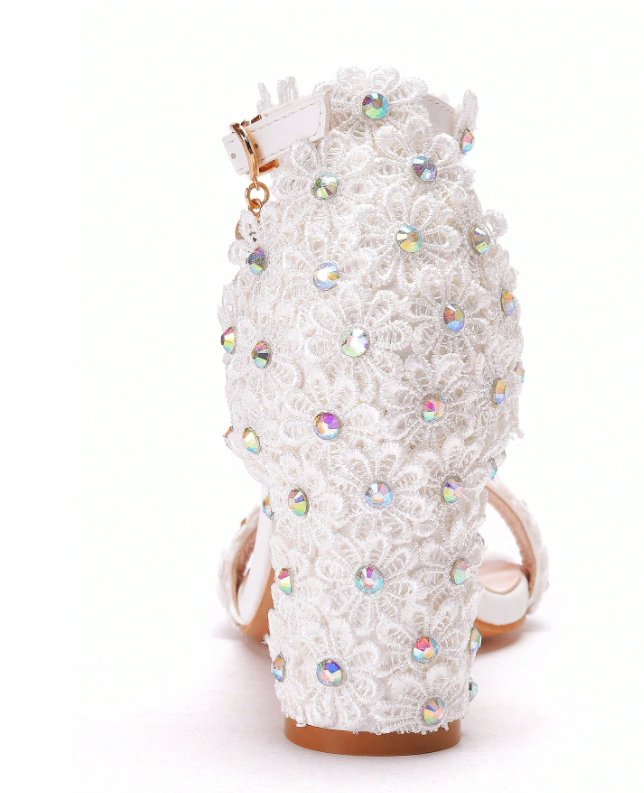 7cm Thick Heel White Lace Flower Sandal