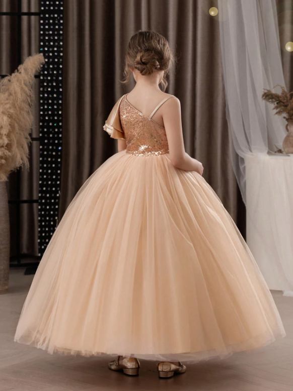 Tween Girl One Shoulder Mesh Sequin Party Dress