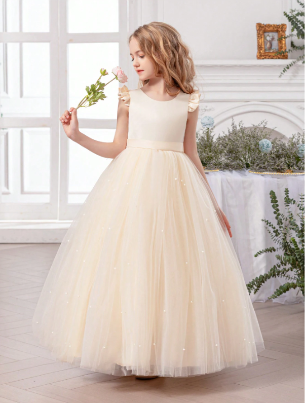 Tulle Cap Sleeve Princess Dress Apricot
