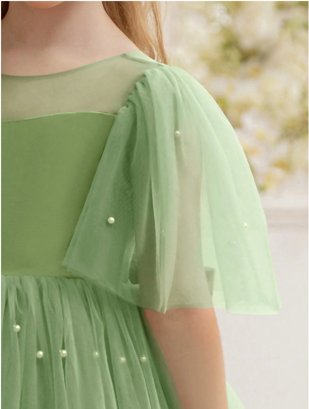 Mesh Sleeve Bow Party Dress Bean Green