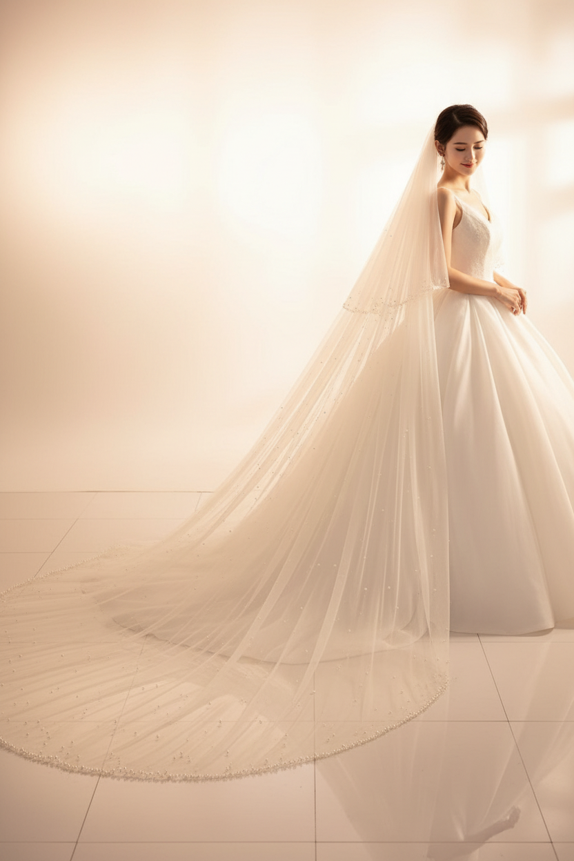 Double layered Faux Pearl Bridal Veil Hair with Comb