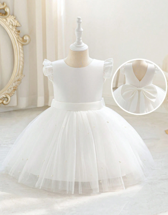 Girls Cap Sleeve Bow Tie Tulle White Dress