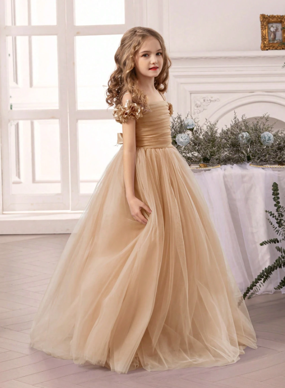 Tween Girl Floral Strap Tulle Party Dress