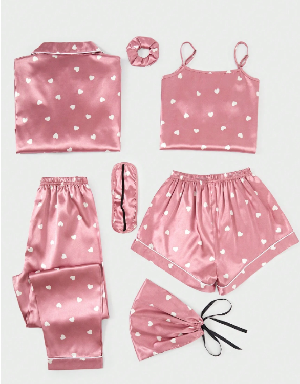 7pcs Imitation Silk Heart Pattern Pajama Set