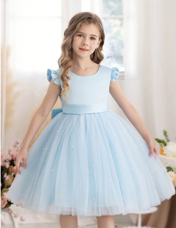 Ruffled Mesh Princess Dress With Lace Trim