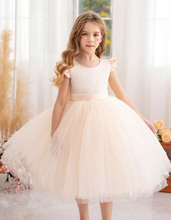 Ruffled Mesh Princess Dress With Lace Trim