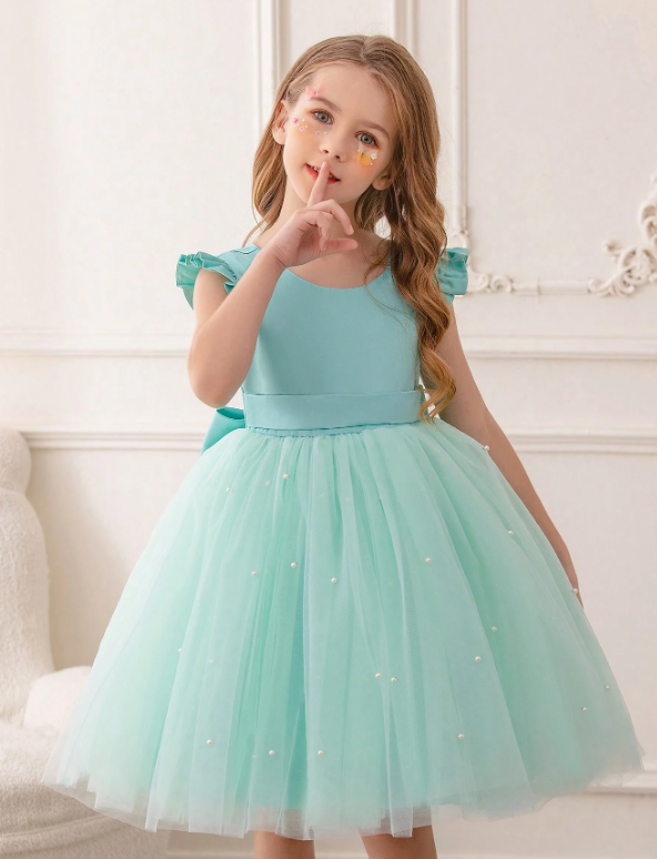 Ruffled Mesh Princess Dress With Lace Trim