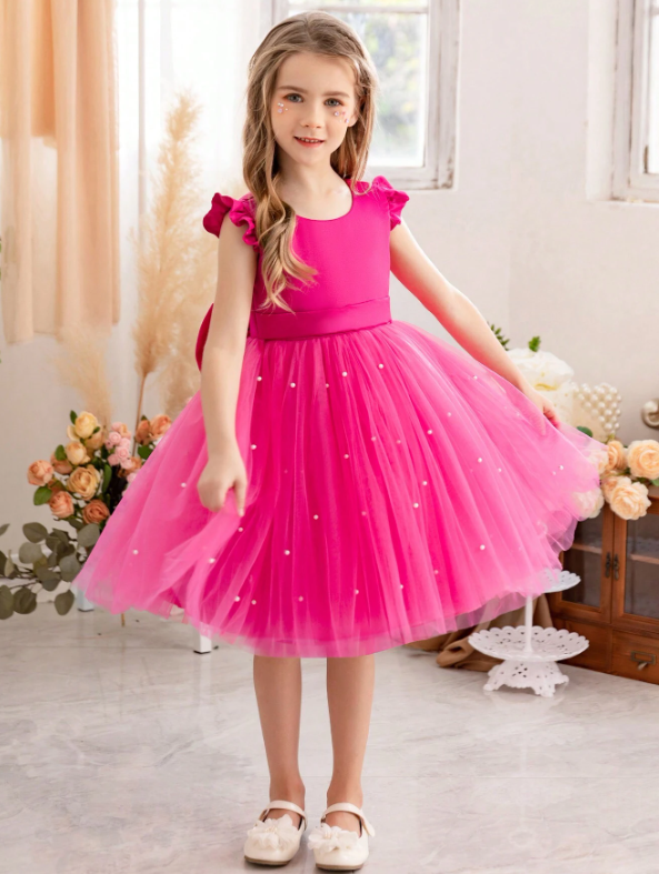 Ruffled Mesh Princess Dress With Lace Trim