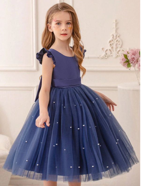 Ruffled Mesh Princess Dress With Lace Trim