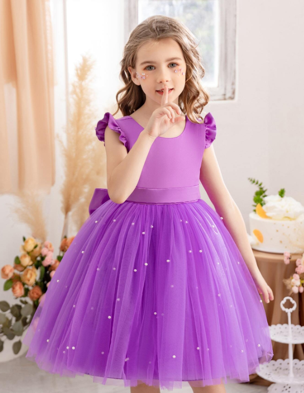 Ruffled Mesh Princess Dress With Lace Trim