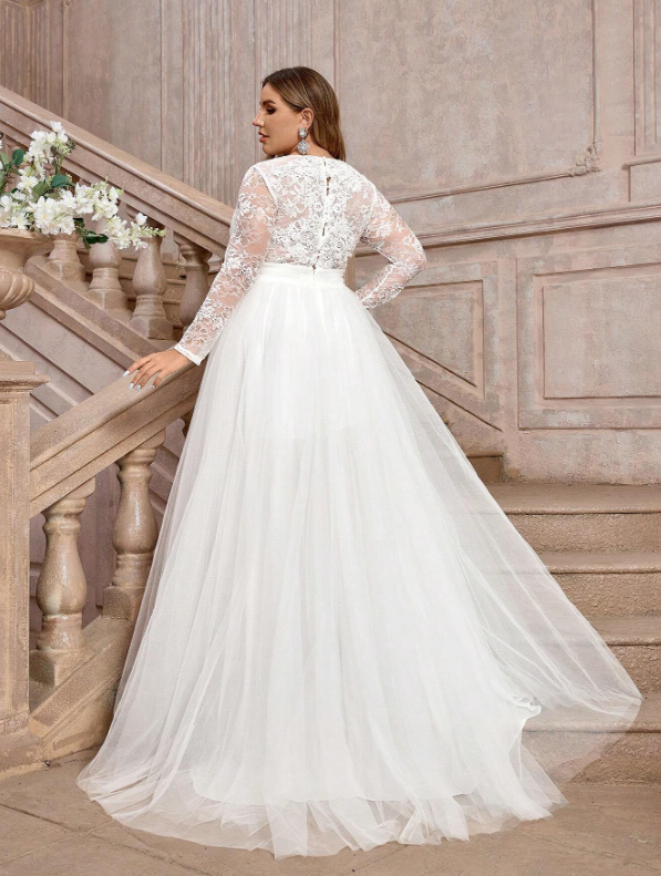 French Lace & Tulle Dress With Pleats