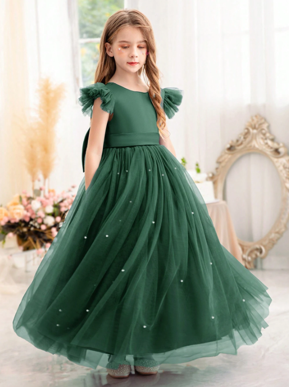 Tulle Cap Sleeve Princess Dress Dark Green