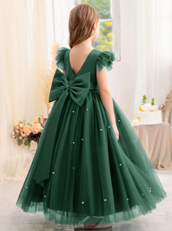 Tulle Cap Sleeve Princess Dress Dark Green