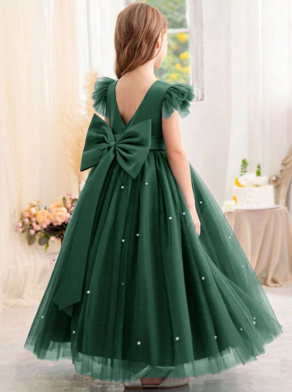 Tulle Cap Sleeve Princess Dress Dark Green