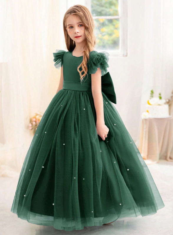 Tulle Cap Sleeve Princess Dress Dark Green
