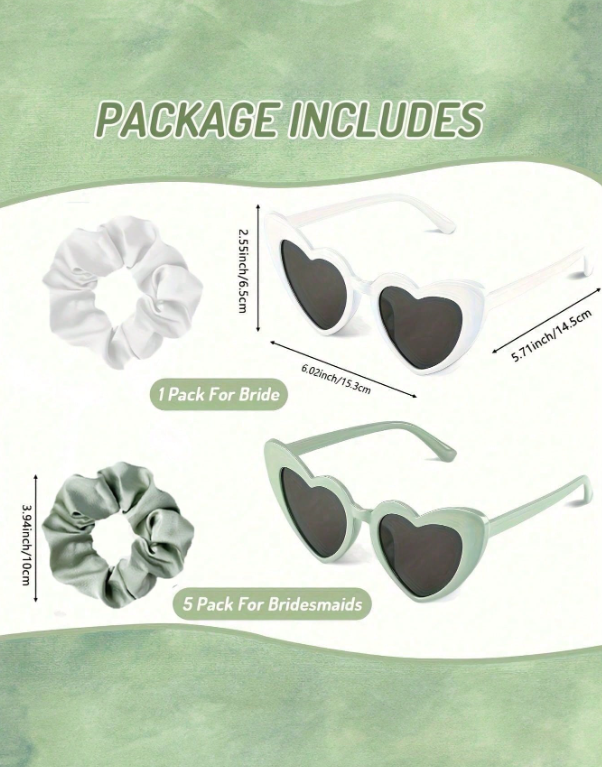 6pc Heart Shaped Glasses For Wedding Team - Green