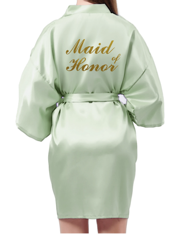 Sage Green Belted Satin Maid of Honor Robe