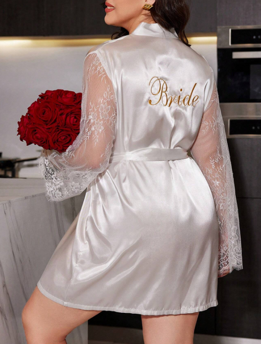 Letter Graphic Contrast Lace Belted Satin Robe