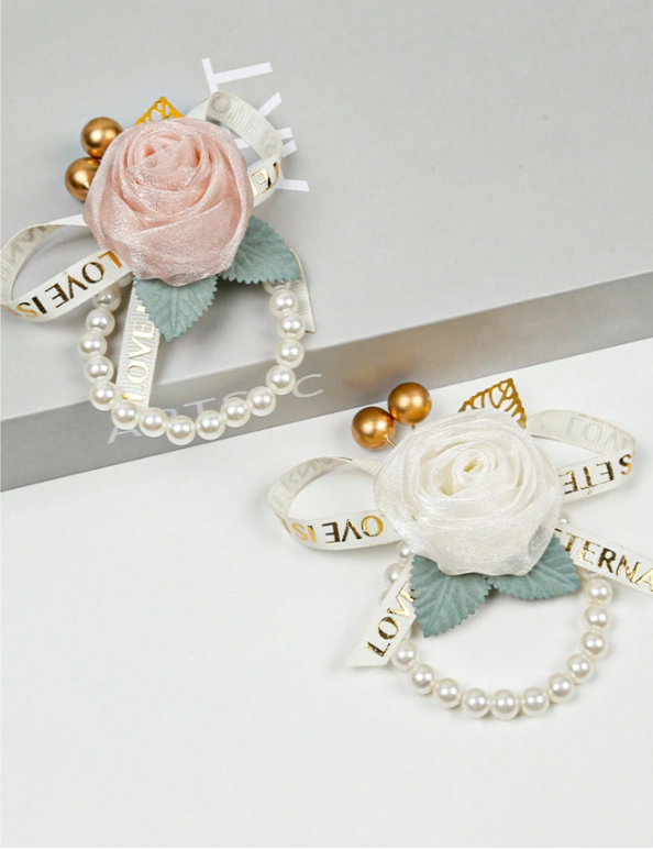 Bride's Wrist Corsage With Beaded Chain Champagne