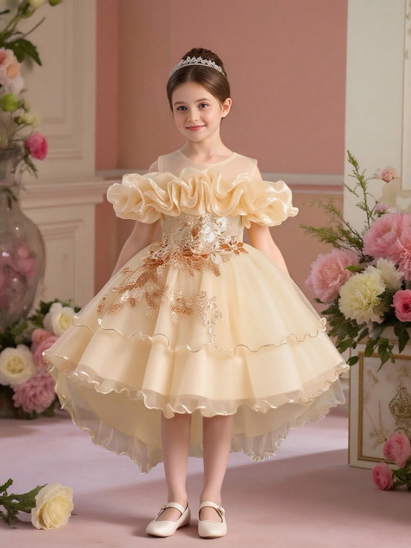 Girls Sequin Tulle Puff Sleeve Princess Party Dress