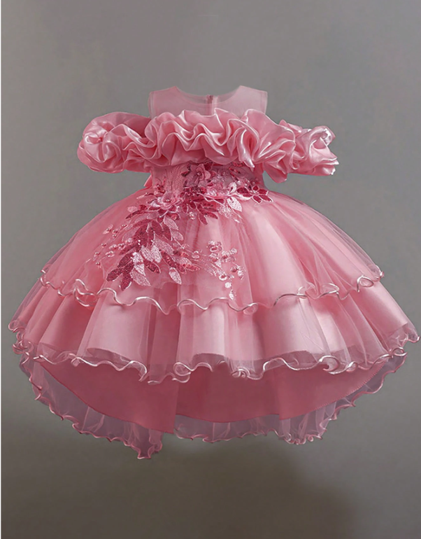 Girls Sequin Tulle Puff Sleeve Princess Party Dress