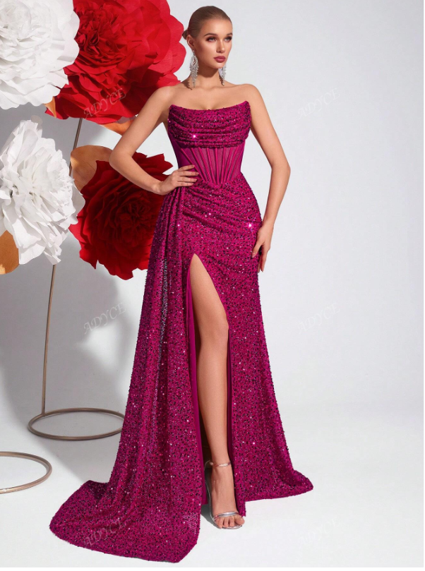 Sequin Bandeau Hollow Out Prom Dress