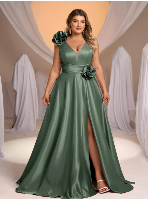 Plus Size Satin Gathered A-Line Dress Dress
