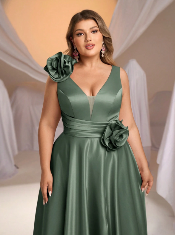 Plus Size Satin Gathered A-Line Dress Dress