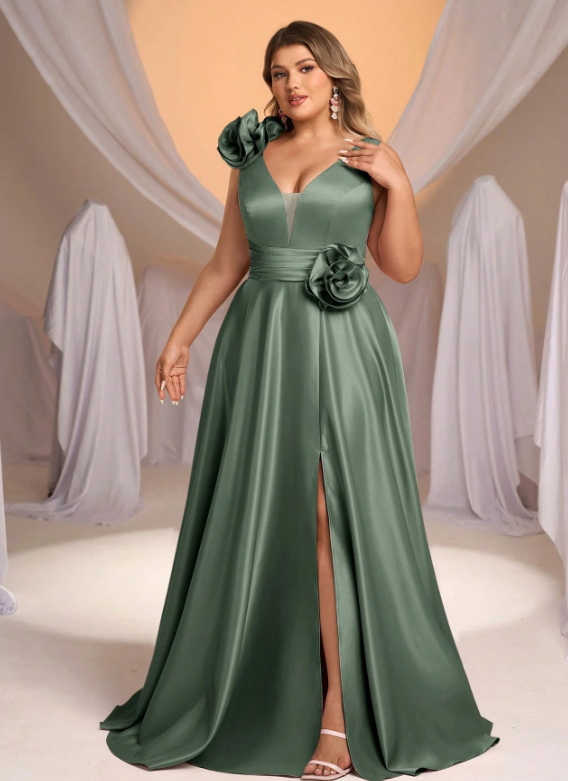 Plus Size Satin Gathered A-Line Dress Dress