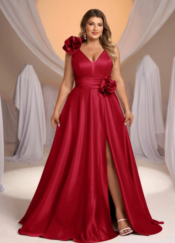 Plus Size Satin Gathered A-Line Dress Dress