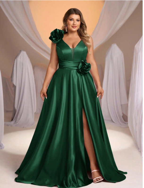 Plus Size Satin Gathered A-Line Dress Dress