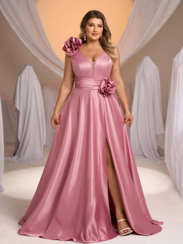 Plus Size Satin Gathered A-Line Dress Dress