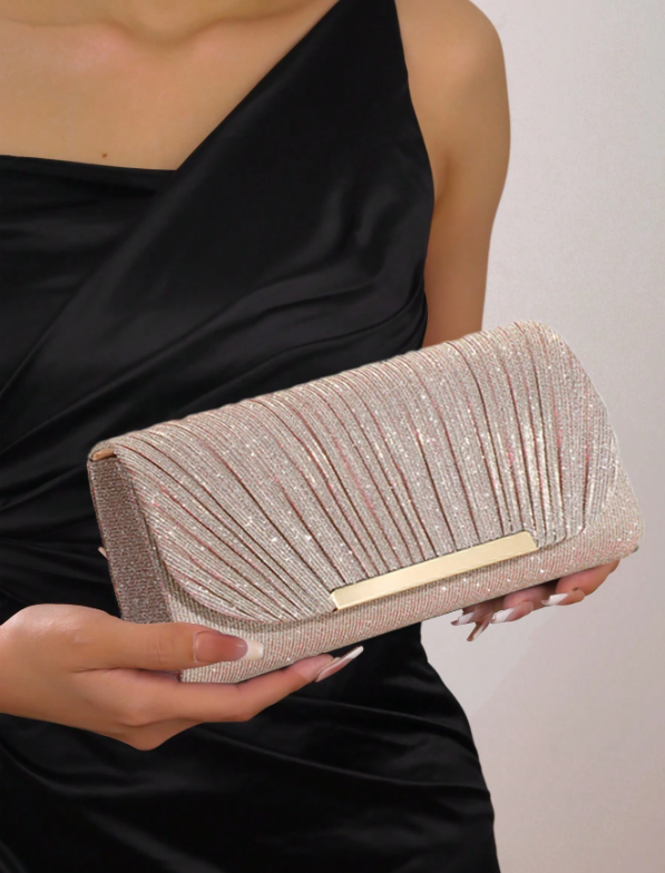 Ruched Square Bag With Metal Decor Flap - Evening Bag