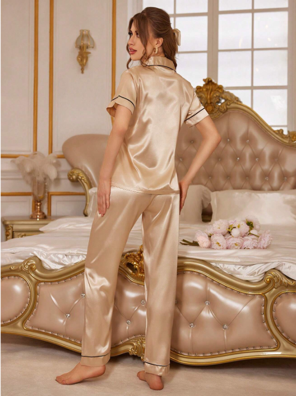 Bride Short Sleeve Shirt And Long Pants Pajamas Set Beige